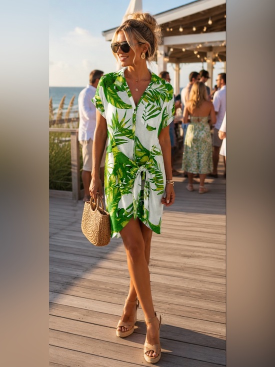 Karlie Dresses & Skirts - Karlie Palm Leaf Linen Tie Waist Dress -Medium